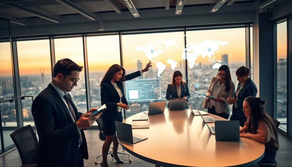 A modern office setting with a diverse group of professionals collaborating over digital devices. In the foreground, a man in a business suit is focusing intently on a tablet, while a woman in smart casual attire gestures towards a large digital screen displaying interconnected workflow diagrams and global time zones. The middle ground features a sleek, round table surrounded by colleagues discussing strategies, some with laptops open and others jotting notes on digital pads. In the background, large windows reveal a city skyline at dusk, with soft, warm lighting that creates an inviting atmosphere. The overall mood is dynamic and cooperative, emphasizing innovative digital workflows that enhance global collaboration. The image is rich in detail, showcasing a harmonious balance of technology and teamwork.