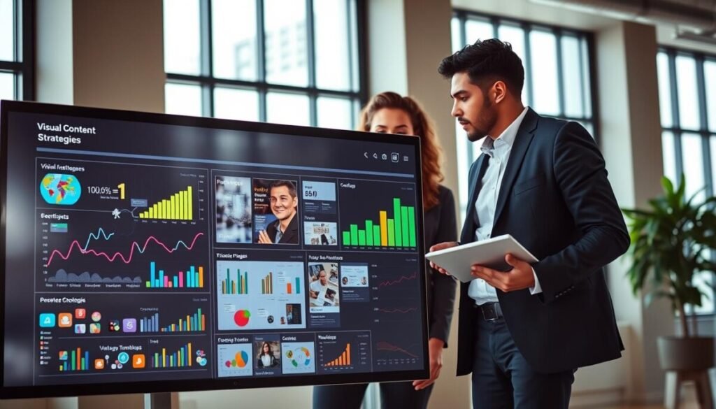 A modern office setting with a diverse team of three professionals in business attire, gathered around a sleek digital dashboard displaying analytics and visual content strategies. The foreground showcases a large screen filled with colorful graphs, icons, and images representing various visuals and their performance metrics. In the middle, the team is engaged in discussion, with one pointing at the screen, while another takes notes on a tablet. The background features large windows letting in natural light, casting a soft glow across the room, creating a collaborative and focused atmosphere. The overall mood is innovative and inspiring, emphasizing the integration of AI tools in optimizing visual content. The composition should provide a clear, vibrant view with a slight depth of field, highlighting the team’s discussion while keeping the dashboard crisp and in focus.