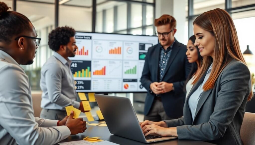 A modern office setting with a group of diverse professionals reviewing data on A/B testing tools. In the foreground, a focused woman, dressed in smart business attire, analyzing user feedback charts displayed on a laptop screen, surrounded by sticky notes and marketing strategy documents. In the middle, a large monitor shows key insights from G2 reviews, featuring various graphs and ratings in vibrant colors. The background depicts a sleek office environment with large windows letting in soft, natural light, creating an inspiring atmosphere. The overall mood conveys professionalism and collaboration, emphasizing the critical analysis and evaluation process essential for improving conversions through expert insights.