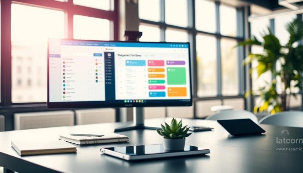 A modern office setting with a sleek desk featuring a high-resolution computer screen displaying a vibrant database view. In the foreground, the screen showcases a neatly organized Notion database interface filled with colorful project management cards, task lists, and custom layouts. The middle ground reveals elements like a stylish notebook, digital tablet, and a simple succulent plant, adding a touch of greenery. In the background, large windows allow soft natural light to flood in, creating a bright and welcoming atmosphere. The overall mood is productive and inspiring, with a shallow depth of field that gently blurs the background for focus on the database view. The scene captures a sense of professionalism and creativity, perfect for project management. A modern office setting with a sleek desk featuring a high-resolution computer screen displaying a vibrant database view. In the foreground, the screen showcases a neatly organized Notion database interface filled with colorful project management cards, task lists, and custom layouts. The middle ground reveals elements like a stylish notebook, digital tablet, and a simple succulent plant, adding a touch of greenery. In the background, large windows allow soft natural light to flood in, creating a bright and welcoming atmosphere. The overall mood is productive and inspiring, with a shallow depth of field that gently blurs the background for focus on the database view. The scene captures a sense of professionalism and creativity, perfect for project management.