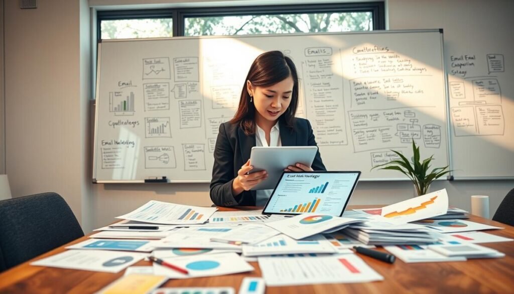 A modern office setting with a sleek wooden desk at the foreground, cluttered with colorful charts and graphs representing email marketing analytics. In the middle, a focused professional in business attire, a middle-aged Asian woman, is intently reviewing a digital tablet displaying email campaign strategies. Behind her, a bright whiteboard filled with brainstorming notes and strategies under warm, natural lighting from a large window, casting soft shadows. The background features greenery from outside, suggesting a productive environment. The atmosphere is collaborative and inspiring, emphasizing a sense of strategic thinking and professionalism in the realm of digital marketing.