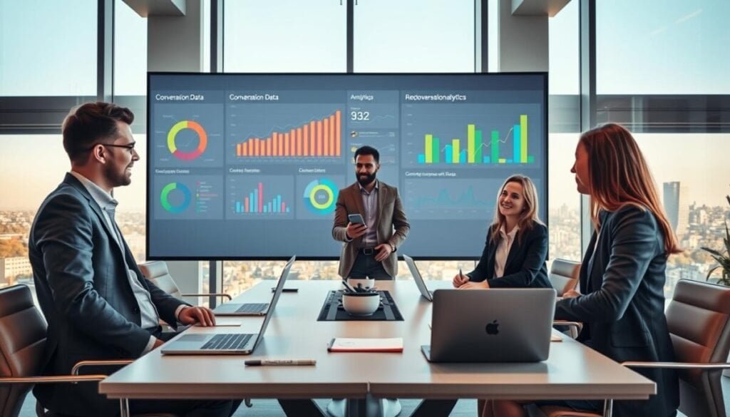 A modern office setting with sleek furniture, showcasing a large digital screen displaying visually appealing graphs and analytics related to conversation data. In the foreground, a diverse group of professionals, two men and one woman, clad in smart business attire, are engaged in an animated discussion. Their expressions reflect insights gathered from the analytics, conveying teamwork and collaboration. The middle ground features a stylish conference table with laptops and notepads scattered, emphasizing the meeting environment. The background includes glass windows revealing a city skyline bathed in warm natural light, creating an optimistic atmosphere. Capture this scene from a slightly elevated angle to focus on the interaction between the team and the analytics on the screen, enhancing the sense of engagement and discovery. A modern office setting with sleek furniture, showcasing a large digital screen displaying visually appealing graphs and analytics related to conversation data. In the foreground, a diverse group of professionals, two men and one woman, clad in smart business attire, are engaged in an animated discussion. Their expressions reflect insights gathered from the analytics, conveying teamwork and collaboration. The middle ground features a stylish conference table with laptops and notepads scattered, emphasizing the meeting environment. The background includes glass windows revealing a city skyline bathed in warm natural light, creating an optimistic atmosphere. Capture this scene from a slightly elevated angle to focus on the interaction between the team and the analytics on the screen, enhancing the sense of engagement and discovery.