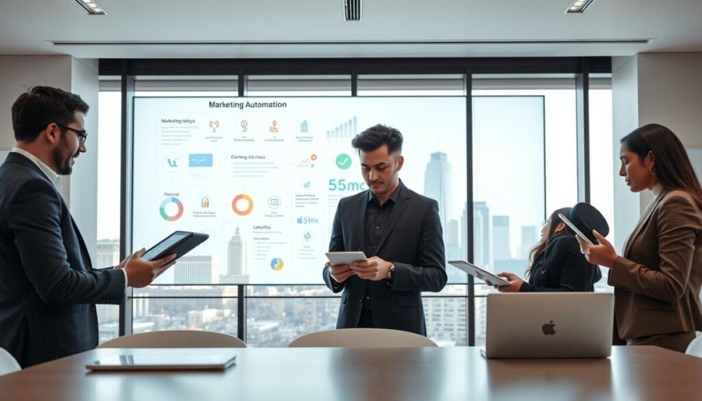 A modern office setting with sleek, minimalist design. In the foreground, a diverse group of three professionals, dressed in smart business attire, collaboratively discussing a marketing automation workflow on digital tablets and laptops. In the middle ground, a large digital screen displays graphs, flowcharts, and icons representing various marketing automation tools and data analytics. The background features a large window showcasing a vibrant city skyline, with soft natural light streaming in, creating a bright and inspiring atmosphere. The mood is focused and collaborative, highlighting efficiency and innovation in marketing strategies. Use a wide-angle lens to capture the full scene, ensuring a crisp and clear composition with balanced lighting throughout.