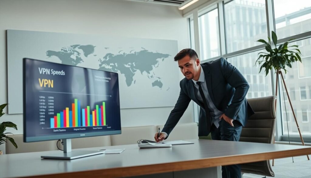 A modern office setting with two professional individuals in business attire, one seated at a computer and the other standing beside, both examining a digital display graph illustrating VPN speeds across various global locations. The foreground features a sleek desktop with a high-resolution monitor showing vibrant bar graphs comparing different VPN services. The middle layer displays a large world map on the wall with highlighted server locations, emphasizing global coverage. The background includes large windows with natural light flooding the room, creating a bright and efficient atmosphere. Use a wide-angle lens to capture the dynamic workspace, ensuring high detail in both subjects and visuals. The overall mood is collaborative and analytical, reflecting a focus on technology and efficiency.