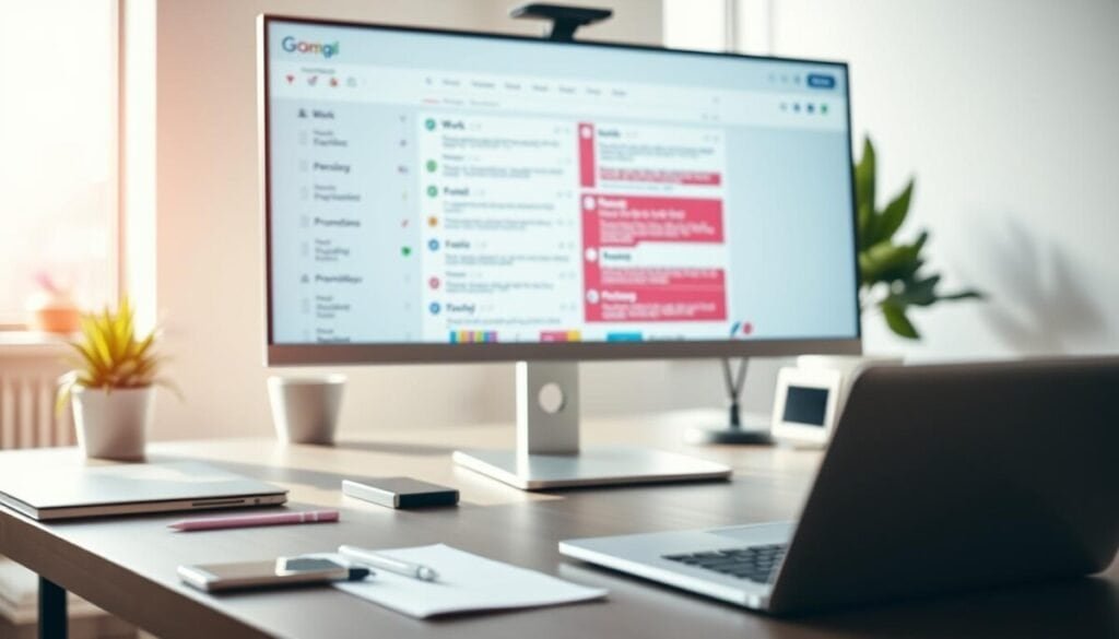 A modern office setup featuring multiple email inboxes displayed on a sleek computer monitor. In the foreground, a close-up view of the screen shows vibrant, organized Gmail inboxes, each with distinct categories like "Work", "Personal", and "Promotions", visually separated by colorful tabs. The middle-ground includes a stylish desk with a minimalist design, a laptop, and professional stationery. In the background, soft-focus office elements like a plant and a window showcasing a bright day enhance the workspace atmosphere. The lighting is bright and natural, creating an inviting and productive mood. Use a wide-angle lens perspective to capture the entire scene, emphasizing the concept of managing multiple email accounts seamlessly.