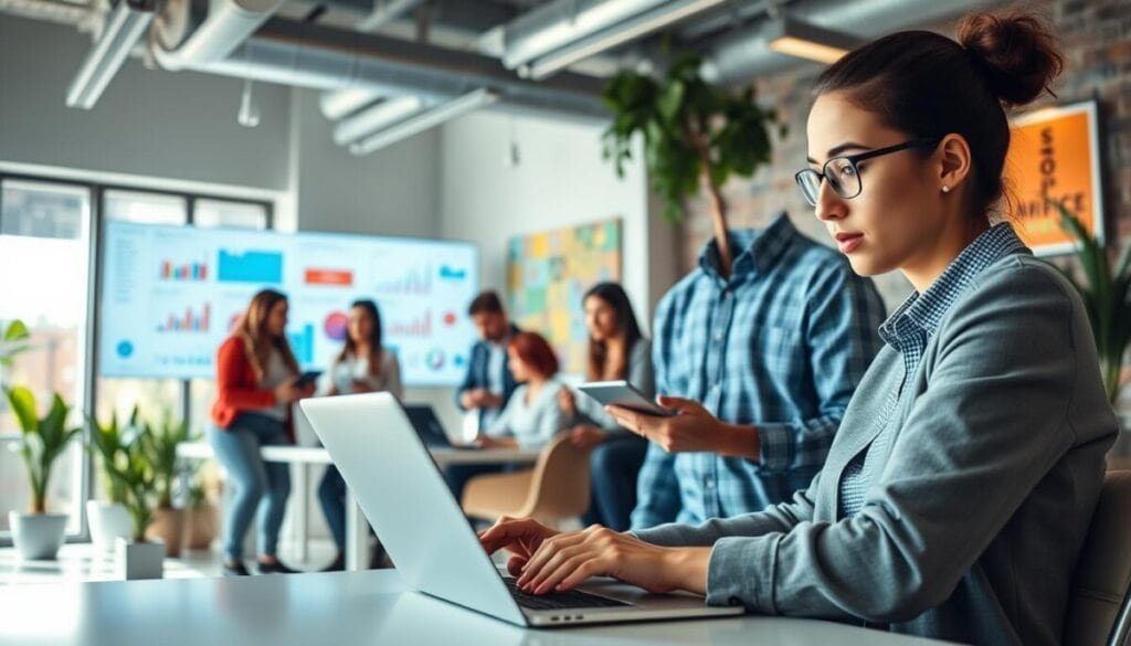 A modern office space bustling with activity, depicting a diverse group of professionals working on social media management. In the foreground, a person in smart casual attire intently analyzing data on a laptop, surrounded by colorful charts and graphs. The middle layer features colleagues collaborating, sharing ideas with the help of digital devices and tablets. The background showcases a stylish workspace with a large screen displaying social media analytics, bright motivational posters, and plants to create a refreshing atmosphere. Soft, natural lighting filters in from a large window, creating an inviting and productive environment. The overall mood is focused yet dynamic, illustrating the synergy between artificial intelligence and social media tools essential for efficient online engagement.