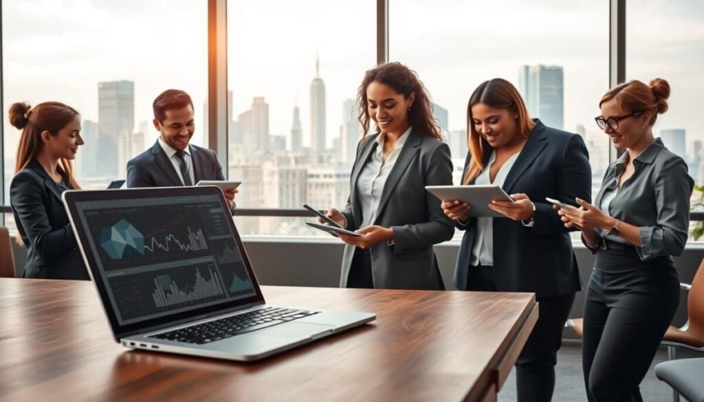 A modern office space depicting the theme of AI analytics in email marketing. In the foreground, an elegant wooden desk with a sleek laptop displaying intricate graphs and analytical data related to email campaigns. In the middle ground, a diverse team of professionals, dressed in smart business attire, collaborates over digital devices and tablets, analyzing real-time predictive analytics. They show expressions of concentration and enthusiasm. In the background, large windows reveal a bustling city skyline, symbolizing growth and opportunity, bathed in soft natural light. The atmosphere is energetic and forward-thinking, with an emphasis on innovation and teamwork, reflecting the cutting-edge nature of AI-driven marketing strategies. A modern office space depicting the theme of AI analytics in email marketing. In the foreground, an elegant wooden desk with a sleek laptop displaying intricate graphs and analytical data related to email campaigns. In the middle ground, a diverse team of professionals, dressed in smart business attire, collaborates over digital devices and tablets, analyzing real-time predictive analytics. They show expressions of concentration and enthusiasm. In the background, large windows reveal a bustling city skyline, symbolizing growth and opportunity, bathed in soft natural light. The atmosphere is energetic and forward-thinking, with an emphasis on innovation and teamwork, reflecting the cutting-edge nature of AI-driven marketing strategies.
