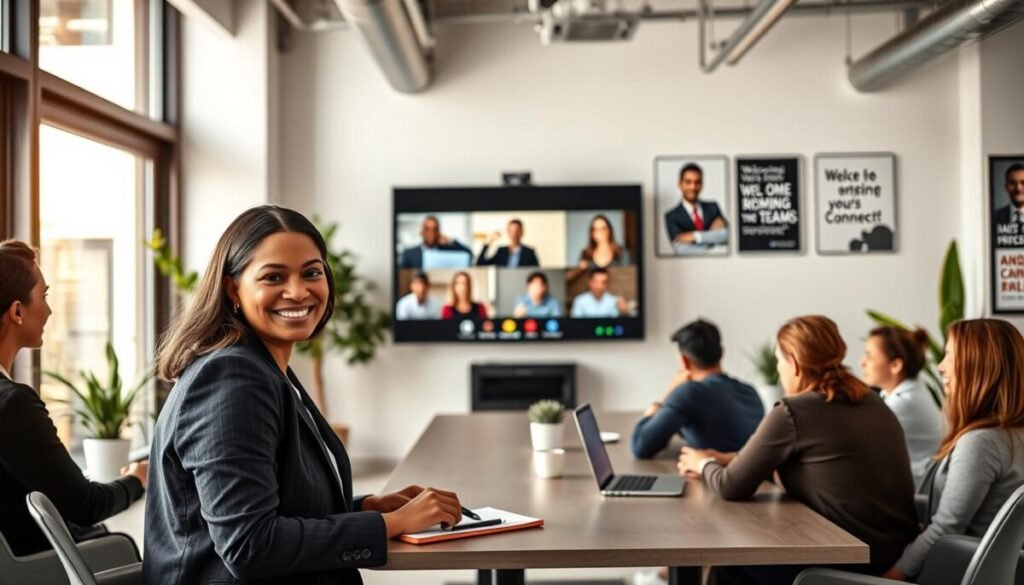 A modern office space featuring diverse professionals engaged in a remote onboarding session. In the foreground, a smiling woman in a smart blazer is actively participating in a video call on her laptop, with a notepad and pen for notes nearby. In the middle, a large screen displays a welcoming virtual meeting interface showcasing team members from different locations, each in their own professional attire. The background consists of a sleek, well-lit workspace with indoor plants and motivational posters emphasizing teamwork and connection. The image is illuminated by warm, natural light coming through large windows, creating an inviting, collaborative atmosphere. The overall mood is optimistic and focused, portraying the essence of mastering remote onboarding for last connections.