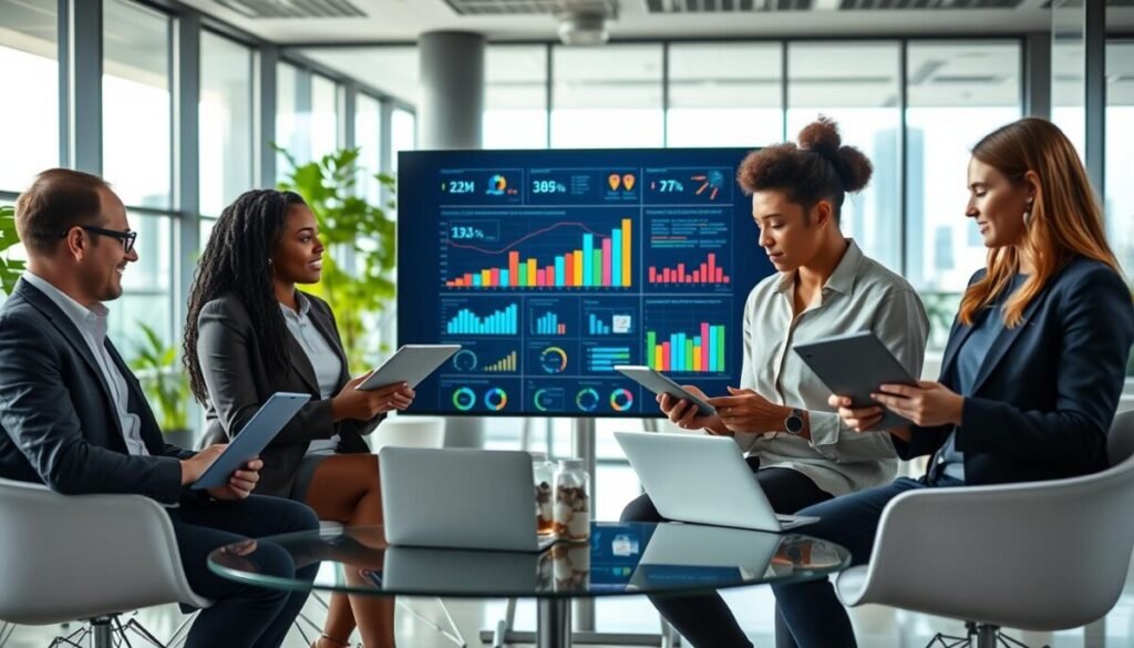 A modern office space illustrating customer relationship intelligence. In the foreground, a diverse group of three professionals, dressed in smart casual attire, is engaged in a discussion while analyzing data on laptops and tablets. In the middle, a large digital screen displays colorful graphs and customer insights, symbolizing CRM analytics. The background features a sleek, open-plan office with glass walls, greenery, and a city skyline visible through the windows. Soft, natural lighting enhances the atmosphere, creating a warm and inviting environment. The image conveys a sense of collaboration, innovation, and the importance of data-driven decision-making in client management.