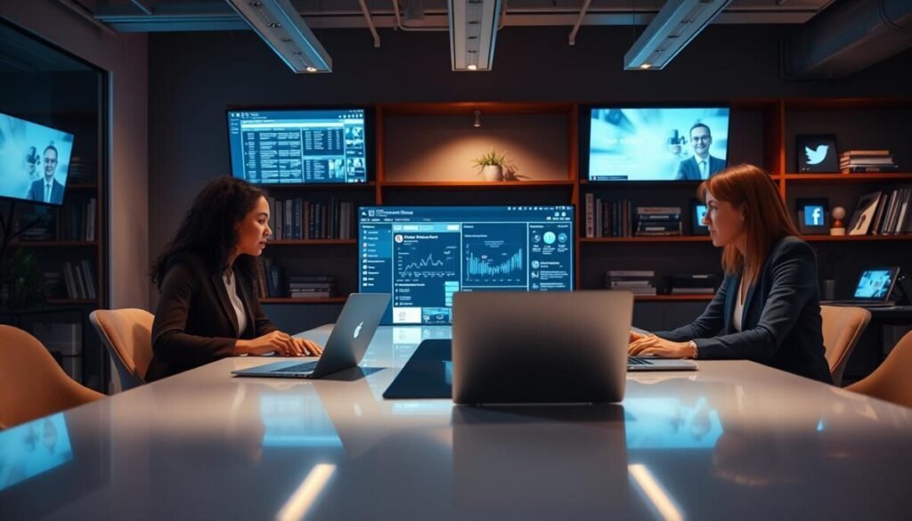 A modern office space showcasing a media monitoring setup. In the foreground, a diverse group of three professionals—a woman of Asian descent, a Black man, and a Caucasian woman—are engaged in discussion around a sleek, high-tech conference table with laptops open, displaying graphs and social media analytics. The middle ground features a large screen showing real-time social media feeds and brand mentions, illuminated by soft, focused lighting. The background contains shelves with books on PR and communication strategy, and a wall adorned with digital screens displaying various social media logos. The atmosphere is dynamic and focused, reflecting a professional environment where ideas flow and collaboration happens seamlessly, with a slight glow from the screens enhancing the mood of innovation and insight.