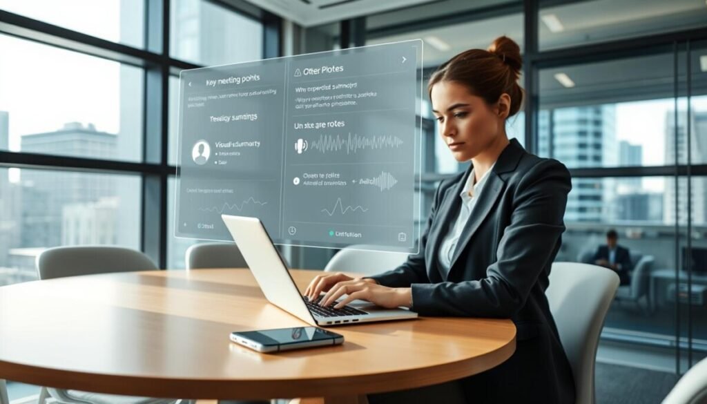 A modern office space showcasing a sleek meeting room with a round table. In the foreground, a professional woman in business attire sits attentively, using a laptop with Otter.ai open, capturing automated notes. A smartphone is placed next to her, showing the OtterPilot interface. In the middle, a transparent digital interface hovers above the table, displaying key meeting points, visual summaries, and voice waveforms. The background features large windows with city views, casting soft natural light that illuminates the scene. The atmosphere is focused and productive, highlighting the efficiency and innovation of automated note-taking. The lens is slightly wide-angle, capturing both the subject and the sophisticated tech elements harmoniously. A modern office space showcasing a sleek meeting room with a round table. In the foreground, a professional woman in business attire sits attentively, using a laptop with Otter.ai open, capturing automated notes. A smartphone is placed next to her, showing the OtterPilot interface. In the middle, a transparent digital interface hovers above the table, displaying key meeting points, visual summaries, and voice waveforms. The background features large windows with city views, casting soft natural light that illuminates the scene. The atmosphere is focused and productive, highlighting the efficiency and innovation of automated note-taking. The lens is slightly wide-angle, capturing both the subject and the sophisticated tech elements harmoniously.