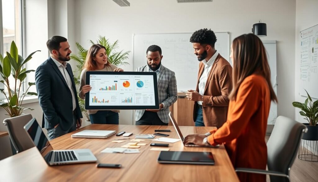 A modern office space showcasing the effective integration of remote work management tools. In the foreground, a diverse group of three professionals, dressed in smart casual attire, collaboratively examine a large digital tablet displaying colorful graphs and project management interfaces. In the middle, a stylish desk simulates a virtual workspace with laptops, smartphones, and digital post-it notes. The background features a bright, minimalist room with large windows letting in soft natural light, plants adding a touch of greenery, and a whiteboard filled with strategies and ideas. The atmosphere is productive and inspiring, emphasizing teamwork and innovation in a remote working environment. The image should be captured from an angle that highlights both the team dynamics and the technological elements, with a warm color palette.