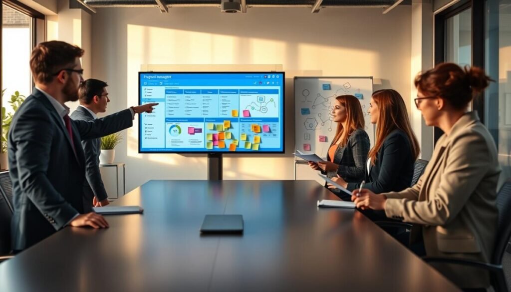 A modern office space with a diverse team of professionals collaborating around a sleek conference table. In the foreground, a woman in smart business attire points towards a digital project management dashboard displayed on a large screen, while two colleagues take notes and discuss ideas. The middle-ground features a whiteboard filled with colorful post-it notes and diagrams, symbolizing adaptive strategies in project management. In the background, large windows let in warm, natural light, casting soft shadows that create an inviting atmosphere. The lens captures a slightly elevated angle, providing depth and emphasizing teamwork and innovation. The mood is dynamic and focused, reflecting a proactive approach to workflow optimization.