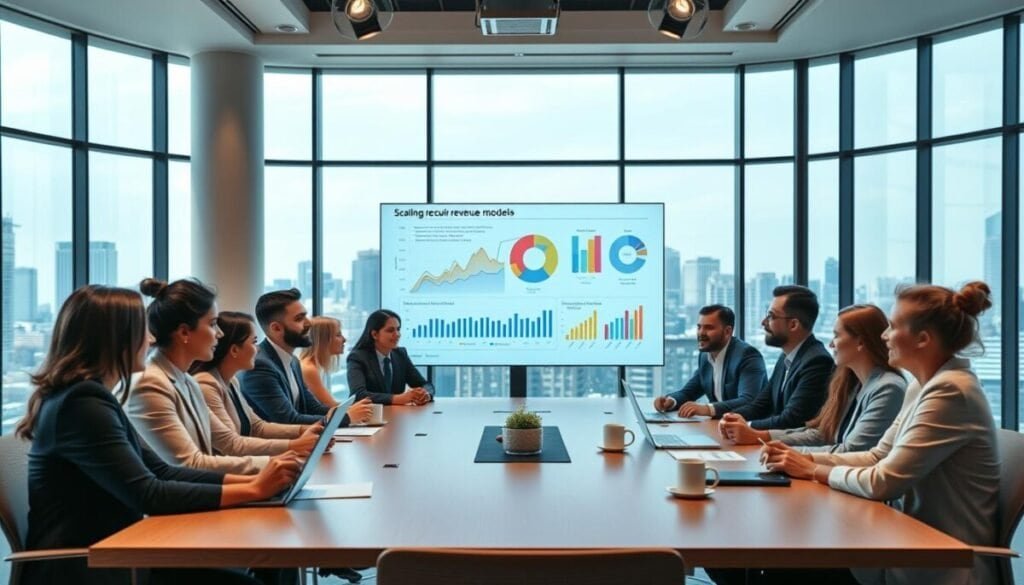 A modern office space with a large conference table at the forefront, where a diverse group of professionals in business attire are engaged in an animated discussion about scaling and recurring revenue models. In the middle, a large digital screen displays colorful graphs and charts illustrating growth trends and subscription metrics. The background includes large windows letting in natural light, with a city skyline view suggesting success and ambition. The atmosphere is focused and collaborative, with a slight warm lighting effect to create an inviting environment. Capture this scene from a slightly elevated angle, enhancing the sense of depth and engagement among the team members. Add subtle details like notepads, laptops, and coffee cups to convey a productive work environment.