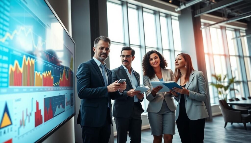 A modern office space with a large digital screen displaying vibrant market trend graphs and analytics in the foreground. In the middle, a diverse group of three professionals, a man and two women, are engaged in a focused discussion, pointing at the graphs while taking notes. They are dressed in smart business attire, conveying professionalism and collaboration. In the background, tall windows allow soft, natural daylight to illuminate the room, creating a bright and optimistic atmosphere. Use a wide-angle lens to capture the entire scene, emphasizing the interaction and analysis. The mood is dynamic and forward-thinking, reflecting the essence of scaling growth tactics in the digital market landscape.