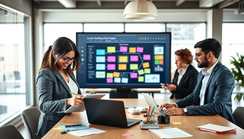 A modern office workspace bustling with activity, featuring a diverse team of four professionals collaborating on a digital project. In the foreground, a woman in a smart blazer sketches ideas on a digital tablet, while a man in a business suit analyzes data on a laptop. In the middle, a large digital screen displays a vibrant flowchart, illustrating the workflow process, surrounded by colorful sticky notes and design prototypes. The background reveals a spacious, well-lit room with large windows, allowing natural light to flood in, enhancing a sense of openness and creativity. The atmosphere is focused and energetic, embodying teamwork and innovation. Capture this scene from a slight overhead angle, emphasizing the teamwork and collaboration dynamics, with soft lighting to create a warm, inviting mood.