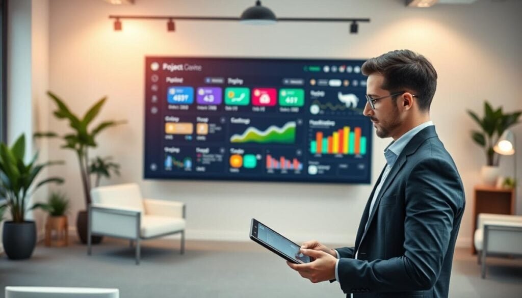 A modern office workspace depicted in a clean, organized manner, focusing on a sleek digital dashboard displaying various project categories and filters. In the foreground, a professional individual, dressed in smart casual attire, interacts with a tablet, selecting filtering options to streamline tasks. The middle ground showcases a large screen with vibrant graphs and color-coded categories, reflecting a sense of productivity and clarity. The background contains elegant office elements like potted plants and contemporary furniture, with soft, natural lighting casting a warm glow. The overall mood is focused, inspiring a sense of efficiency and advanced project management techniques. The image conveys a balance of professionalism and modernity, emphasizing the importance of filtering for better focus in a dynamic work environment. A modern office workspace depicted in a clean, organized manner, focusing on a sleek digital dashboard displaying various project categories and filters. In the foreground, a professional individual, dressed in smart casual attire, interacts with a tablet, selecting filtering options to streamline tasks. The middle ground showcases a large screen with vibrant graphs and color-coded categories, reflecting a sense of productivity and clarity. The background contains elegant office elements like potted plants and contemporary furniture, with soft, natural lighting casting a warm glow. The overall mood is focused, inspiring a sense of efficiency and advanced project management techniques. The image conveys a balance of professionalism and modernity, emphasizing the importance of filtering for better focus in a dynamic work environment.