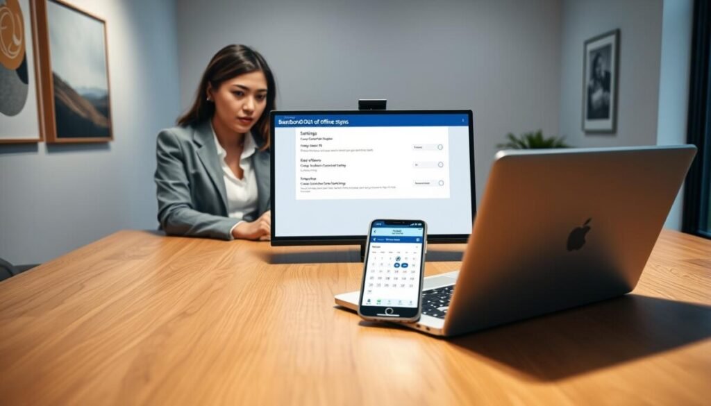 A modern office workspace features a large wooden desk with a laptop displaying an interface for configuring BambooHR Out of Office sync settings. In the foreground, there's a smartphone showing a calendar app integrated with BambooHR. In the middle, a professional woman in business attire studies the screen, looking thoughtful and focused. Behind her, soft lighting from a nearby window creates a warm, inviting atmosphere. The walls are adorned with minimalistic artwork, and a small potted plant adds a touch of nature. The lens captures the scene from a slightly elevated angle, providing depth and perspective, emphasizing the harmony of technology and professionalism in a contemporary work environment.