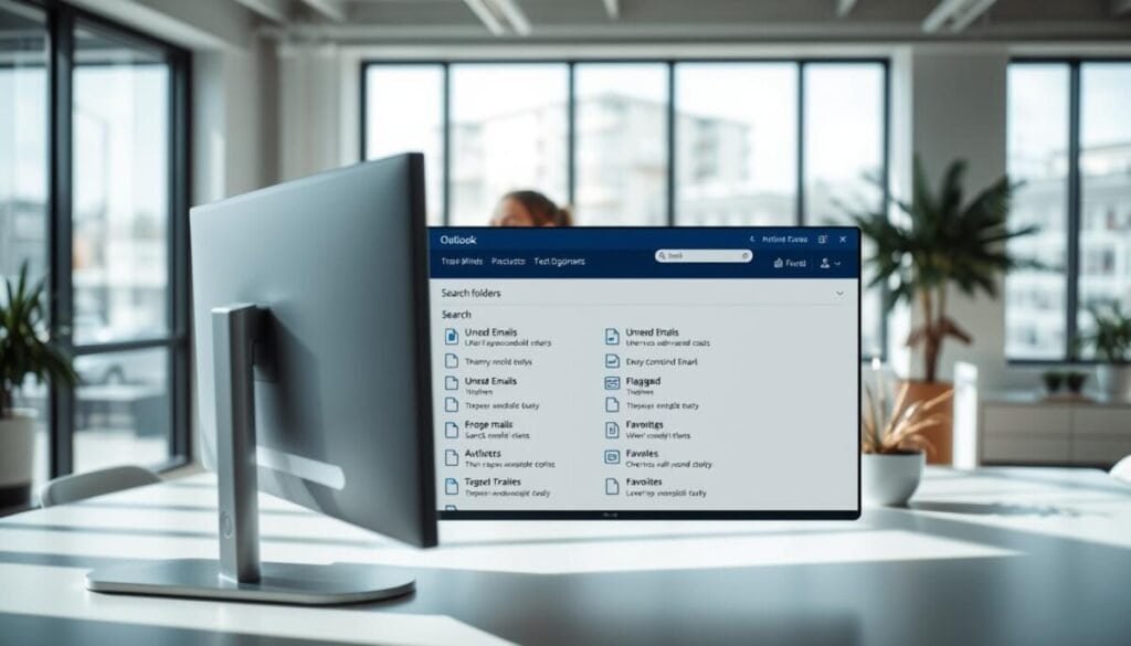 A modern office workspace featuring a computer screen displaying the Outlook interface with various predefined search folders. In the foreground, focus on the screen with neatly organized folders, each labeled to represent categories like "Unread Emails," "Flagged," and "Favorites." The middle layer includes a professional individual, dressed in business attire, intently interacting with the computer, showcasing a sense of productivity. The background reveals a bright, airy office with large windows allowing natural light to pour in, enhancing the ambiance. Soft shadows are cast on the desk, featuring clean lines and minimalistic décor. The overall mood is focused and efficient, illustrating a modern approach to email management.