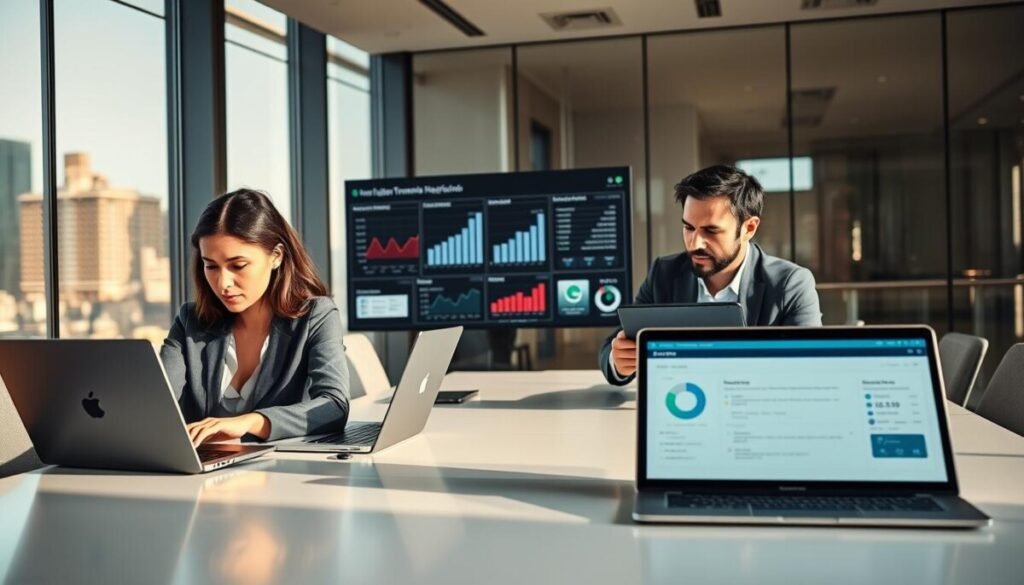 A modern office workspace featuring a diverse group of three business professionals evaluating various digital transformation tools on sleek laptops. In the foreground, a woman in professional attire, focused on a pricing model on her laptop, while a man beside her analyzes integration options on a tablet. In the middle ground, a large digital screen displays graphs and pricing charts, exuding a futuristic vibe. The background shows glass windows with a city skyline, letting in warm, natural light, enhancing the collaborative atmosphere. Soft shadows are cast across the polished desk, and the overall mood is one of focused determination and innovation. The angle captures the team’s dynamics and engagement in the evaluation process, creating a sense of purpose in their small business journey.