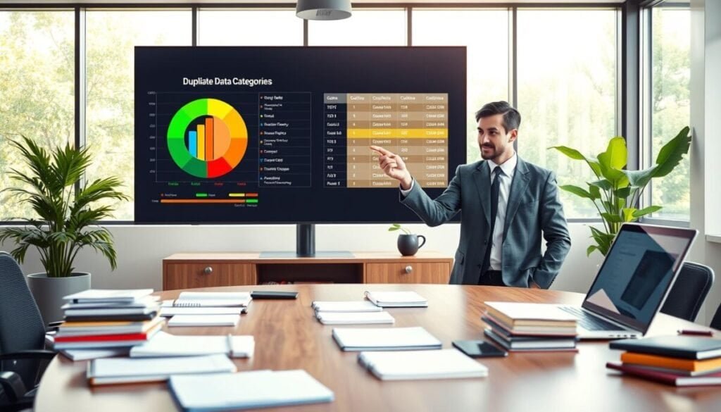 A modern office workspace featuring a large digital screen displaying a colorful chart illustrating duplicate data categories. In the foreground, a professional business person, dressed in smart attire, points at the chart with a thoughtful expression. The middle ground contains a sleek wooden desk cluttered with notebooks and a laptop displaying ClickUp's interface. In the background, large windows let in soft, natural light, creating a bright and inviting atmosphere. The image captures a sense of focus and innovation, with hints of greenery visible from outside. The composition is balanced with a wide-angle perspective, highlighting the importance of organization in project management while emphasizing avoidance of duplicates in data. A modern office workspace featuring a large digital screen displaying a colorful chart illustrating duplicate data categories. In the foreground, a professional business person, dressed in smart attire, points at the chart with a thoughtful expression. The middle ground contains a sleek wooden desk cluttered with notebooks and a laptop displaying ClickUp's interface. In the background, large windows let in soft, natural light, creating a bright and inviting atmosphere. The image captures a sense of focus and innovation, with hints of greenery visible from outside. The composition is balanced with a wide-angle perspective, highlighting the importance of organization in project management while emphasizing avoidance of duplicates in data.