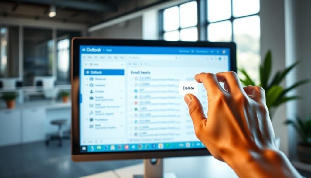 A modern office workspace featuring a sleek computer monitor displaying an Outlook interface with an open search folder. In the foreground, a hand reaching towards a digital "delete" icon, which appears highlighted for emphasis. The middle ground showcases the monitor screen with vivid details of emails listed in the search folder, presenting a tidy and organized appearance. In the background, a softly blurred view of a contemporary office environment with potted plants and minimalistic decor contributes to a professional atmosphere. Bright, natural lighting streams in through a nearby window, enhancing the clarity of the scene. The angle is slightly elevated, providing a clear view of both the hand and the computer screen, evoking a sense of focus and productivity.