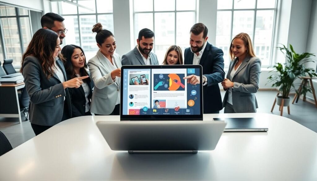 A modern office workspace featuring a sleek desk with a high-end laptop open to an email design application, displaying a visually appealing email template. In the foreground, a diverse group of professionals in business attire, engaged in a discussion about the design, pointing at the screen with expressions of focus and collaboration. The middle ground highlights colorful digital elements like design graphics and icons symbolizing email marketing strategies. The background shows an airy office with large windows, allowing natural light to flood in, enhancing the productive atmosphere. The lighting is bright yet soft, creating an inspiring environment. The overall mood is one of creativity and efficiency, illustrating how a prompt-based workflow can revolutionize email design.