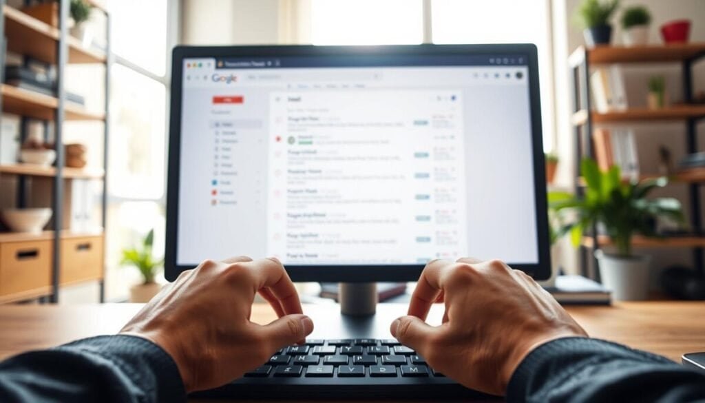 A modern office workspace focused on a computer screen displaying the Gmail interface, showcasing multiple email conversations selected in bulk. In the foreground, a pair of hands, dressed in professional business attire, are poised over a keyboard, actively using shortcuts. The middle of the image highlights the vibrant colors and layout of the Gmail inbox, with checkbox selections indicated next to various email threads. In the background, soft blurred shelves filled with office supplies and plants create a warm, productive atmosphere. The lighting is bright and inviting, with natural sunlight streaming through a window, illuminating the screen. A slight depth of field adds clarity to the hands and the screen, while keeping the background softly out of focus, conveying a sense of concentration and focus on mastering email efficiency.