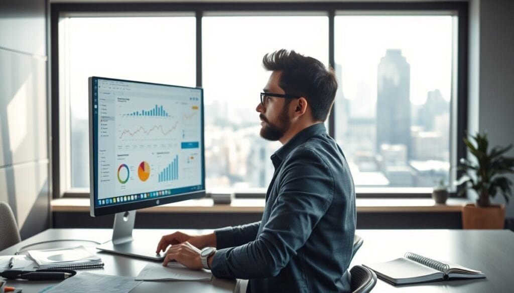 A modern office workspace focuses on a sleek desktop computer displaying a colorful data analytics dashboard. In the foreground, a confident professional wearing a smart casual outfit filters through graphs and charts, intently observing the metrics on the screen. The middle ground features scattered documents and a notepad filled with notes, giving an impression of productivity in action. In the background, a large window allows natural light to flood the scene, illuminating a contemporary cityscape beyond. Soft shadows enhance the image's depth, while a cool color palette conveys a sense of calm focus. The overall mood is one of concentration and clarity, emphasizing the importance of filtering data for precise insights. A modern office workspace focuses on a sleek desktop computer displaying a colorful data analytics dashboard. In the foreground, a confident professional wearing a smart casual outfit filters through graphs and charts, intently observing the metrics on the screen. The middle ground features scattered documents and a notepad filled with notes, giving an impression of productivity in action. In the background, a large window allows natural light to flood the scene, illuminating a contemporary cityscape beyond. Soft shadows enhance the image's depth, while a cool color palette conveys a sense of calm focus. The overall mood is one of concentration and clarity, emphasizing the importance of filtering data for precise insights.