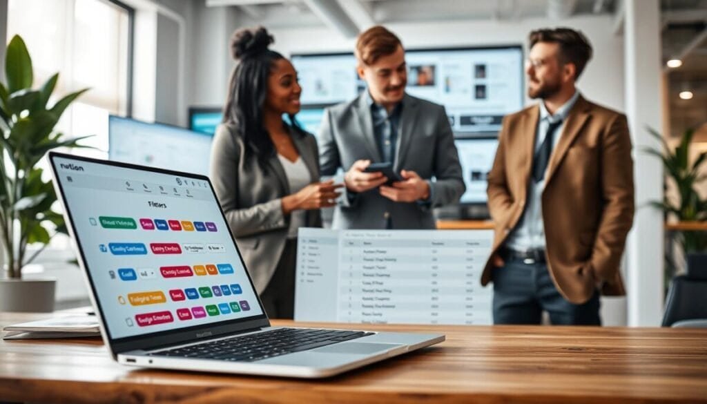 A modern office workspace scene illustrating the concepts of filters and sorting in data management. In the foreground, a sleek laptop open to a Notion database interface, displaying colorful filter options and sorting criteria. In the middle, a diverse group of three professionals—one Black woman and two Caucasian men—dressed in smart casual attire, engaging in discussion and gesturing towards the laptop. A digital screen behind them showcases visual representations of filtered data and organized project elements. The background features a well-lit, contemporary office environment with plants and ergonomic furniture, creating a productive and motivating atmosphere. Soft, natural lighting enhances focus and clarity, with a slight depth of field to emphasize the interaction among the team. A modern office workspace scene illustrating the concepts of filters and sorting in data management. In the foreground, a sleek laptop open to a Notion database interface, displaying colorful filter options and sorting criteria. In the middle, a diverse group of three professionals—one Black woman and two Caucasian men—dressed in smart casual attire, engaging in discussion and gesturing towards the laptop. A digital screen behind them showcases visual representations of filtered data and organized project elements. The background features a well-lit, contemporary office environment with plants and ergonomic furniture, creating a productive and motivating atmosphere. Soft, natural lighting enhances focus and clarity, with a slight depth of field to emphasize the interaction among the team.