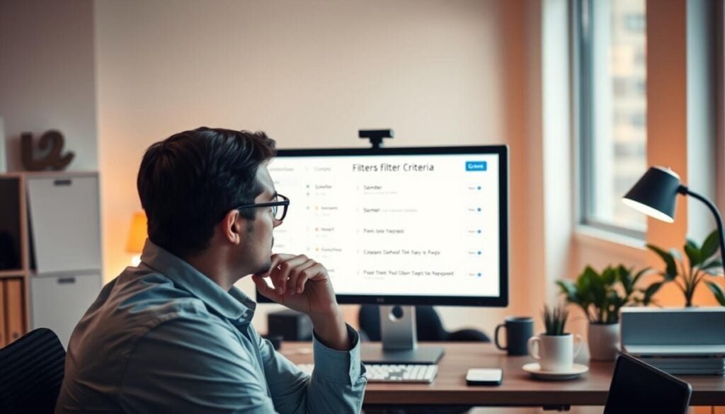 A modern office workspace showcasing a digital interface for filtering emails, centered around a computer screen displaying a Gmail filter criteria setup. In the foreground, a professional individual, dressed in smart casual attire, thoughtfully reviews email options on the screen. The middle section has the computer monitor illuminated with vibrant colors, highlighting the various filter options such as sender, keywords, and time frames. The background features a tidy desk with a plant, a coffee cup, and soft-focus office decor, contributing to a focused yet comfortable atmosphere. The lighting is warm and inviting, with natural light coming from a nearby window, creating a productive mood, portraying an organized approach to managing after-hours emails.