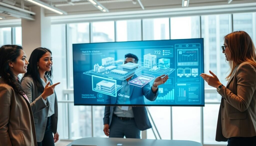 A modern office workspace showcasing a diverse team of professionals engaged in collaborative remote work. In the foreground, a group of three individuals, one woman of South Asian descent, one man of African descent, and one woman of Caucasian descent, are wearing smart casual attire, gesturing towards a holographic display of 3D models and data visualizations. In the middle, a large, futuristic screen shows a vivid augmented reality interface highlighting project elements. The background reveals an open-plan office with large windows allowing natural light to flood in, creating a bright and inviting atmosphere. The overall mood is energetic and focused, emphasizing innovation and teamwork, with soft, diffused lighting to enhance clarity and visual appeal. A wide-angle lens captures the dynamic environment, conveying a sense of collaboration and engagement in spatial computing.