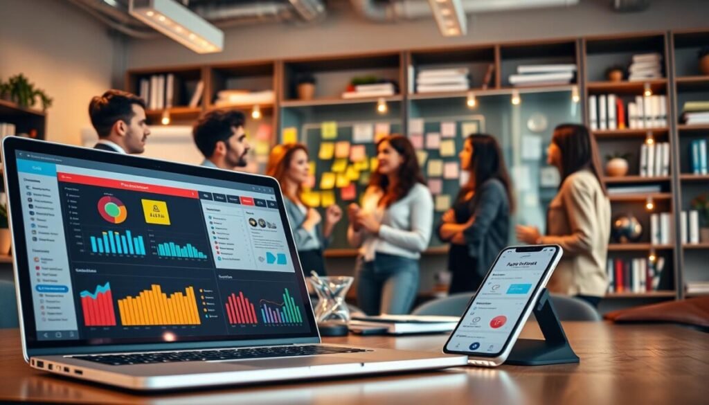 A modern office workspace showcasing various project management tools in action. In the foreground, a sleek laptop displays a colorful project management dashboard, with dynamic graphs and task lists. Beside it, a smartphone shows a collaboration app interface. In the middle, a diverse group of professionals, dressed in smart casual attire, engaged in brainstorming with sticky notes on a glass whiteboard. They exude focus and creativity, exchanging ideas. In the background, shelves filled with innovative digital tools and books. Warm, ambient lighting highlights the conducive atmosphere for collaboration. Capture this scene from a slight angle to emphasize depth, creating a vibrant, motivating, and organized workspace that embodies modern campaign project management and collaboration.