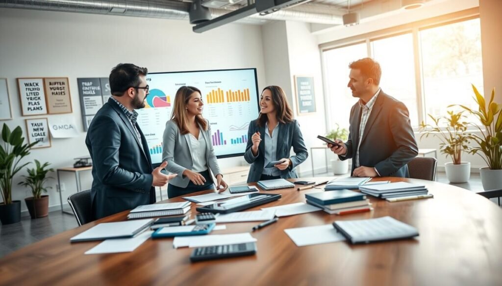 A modern office workspace with a diverse group of four professionals—two men and two women—focused on a large screen displaying colorful graphs and charts of pricing plans. In the foreground, a sleek wooden conference table cluttered with notebooks, tablets, and calculators suggests active discussion. In the middle, one woman, in professional attire, gestures toward the screen, while a man, dressed in business casual, takes notes. The background reveals a bright, airy office with large windows, plants, and motivational posters, indicating a collaborative atmosphere. The lighting is soft and warm, creating a welcoming and productive mood, with a slight bokeh effect to enhance focus on the professionals evaluating pricing plans.