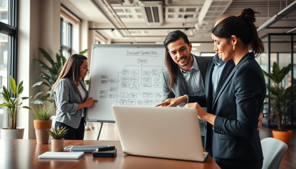 A modern office workspace with a diverse team of professionals collaborating on integrating asynchronous communication tools with their existing software systems. In the foreground, two individuals, a man and a woman in business attire, are engaged in a focused discussion, pointing at a laptop displaying a complex integration interface. The middle layer shows a whiteboard filled with diagrams and flowcharts illustrating software connectivity and async tool functionality. The background features sleek office decor, large windows letting in natural light, and plants for a refreshing touch. The atmosphere is dynamic and collaborative, emphasizing teamwork and innovation, captured with a warm color palette and soft diffused lighting to create an inviting ambiance.