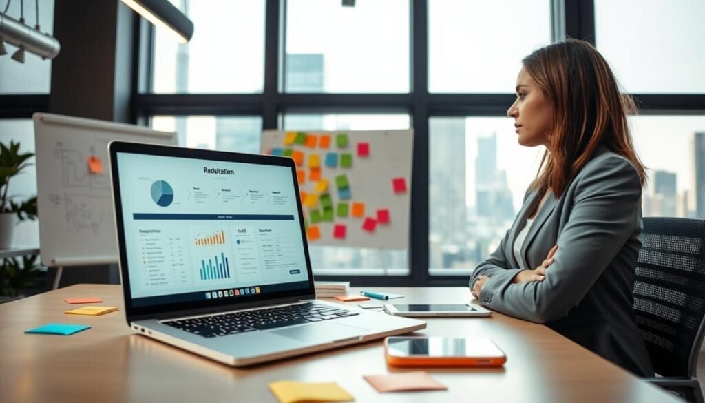 A modern office workspace with a focus on rebuilding automations and sign-up forms. In the foreground, a sleek laptop displays flowcharts and graphs representing data migration processes. A professional woman in business attire observes the screen thoughtfully, surrounded by colorful sticky notes and digital sketches on a whiteboard. In the middle ground, various devices, including a tablet and smartphone, illustrate the integration of different platforms. The background features large windows with natural light flooding in, showcasing a city skyline. The atmosphere is dynamic and innovative, suggesting collaboration and forward-thinking strategies. Soft and warm lighting enhances the productivity mood, capturing the essence of the digital transformation process. A modern office workspace with a focus on rebuilding automations and sign-up forms. In the foreground, a sleek laptop displays flowcharts and graphs representing data migration processes. A professional woman in business attire observes the screen thoughtfully, surrounded by colorful sticky notes and digital sketches on a whiteboard. In the middle ground, various devices, including a tablet and smartphone, illustrate the integration of different platforms. The background features large windows with natural light flooding in, showcasing a city skyline. The atmosphere is dynamic and innovative, suggesting collaboration and forward-thinking strategies. Soft and warm lighting enhances the productivity mood, capturing the essence of the digital transformation process.