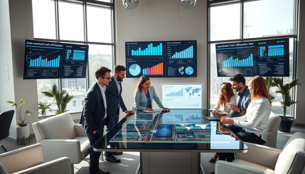 A modern office workspace with a high-tech vibe, featuring sleek furniture and digital displays. In the foreground, a diverse group of professionals in business attire collaborates around a large, interactive table displaying data analytics on cost efficiency. The middle layer shows wall-mounted screens illustrating graphs and charts emphasizing operational cost optimization. The background includes large windows streaming natural light, giving a bright, optimistic atmosphere. The scene is captured with a slight upward angle to highlight the dynamic energy of the team. The lighting is crisp and clear, creating a professional yet inviting mood, suitable for illustrating concepts of innovation and efficiency without any text or annotations.