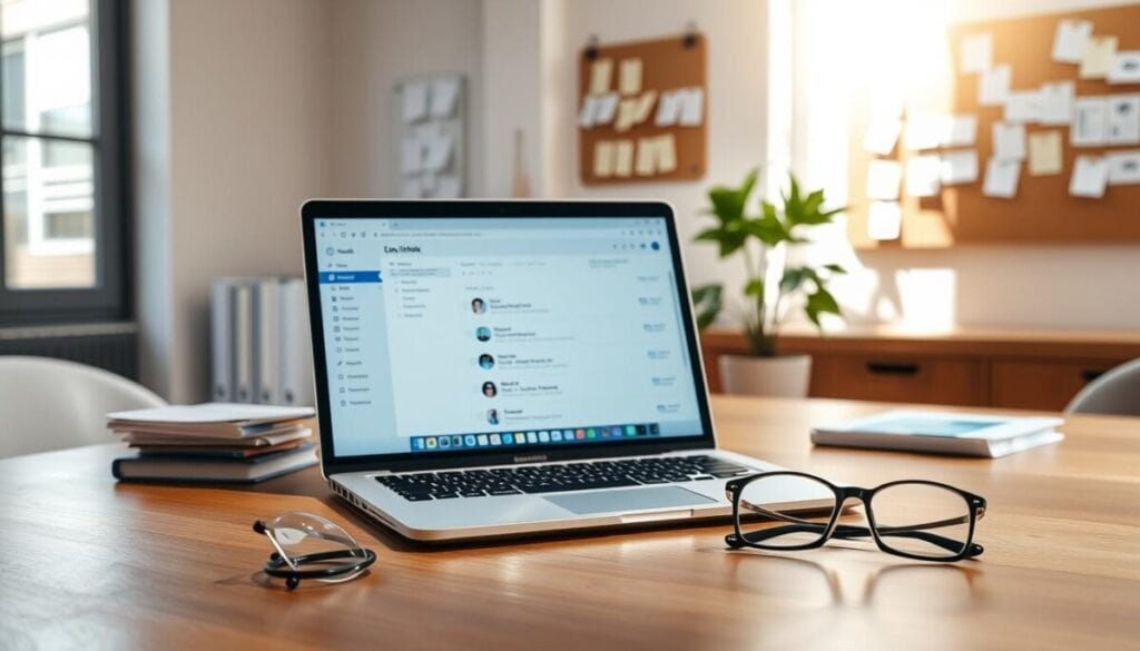 A modern office workspace, with a sleek wooden desk in the foreground, featuring a laptop open to an Outlook interface displaying a clean inbox. A pair of stylish glasses lies next to the laptop, reflecting natural light pouring in from a large window, illuminating the scene. In the middle, elements of organization like neatly stacked document folders and a digital calendar on the wall create a sense of order. The background shows a potted plant and a corkboard filled with neatly pinned reminders, enhancing the clean and productive atmosphere. Overall, aim for a bright, airy feel, symbolizing clarity and efficiency in managing email clutter. The setting should evoke a sense of professionalism and tranquility.