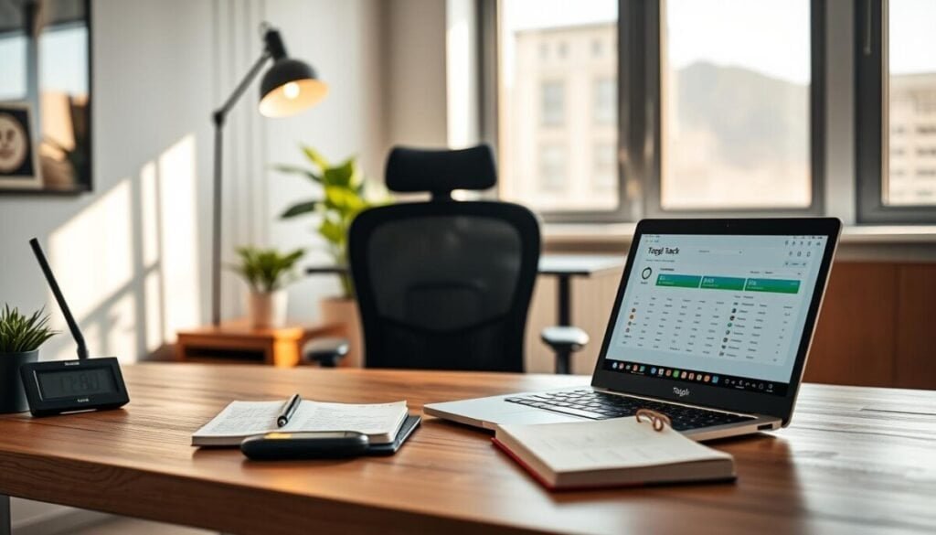 A modern, organized workspace configured for project-based time tracking in a bright, airy office environment. In the foreground, a sleek wooden desk with a laptop open showing the Toggl Track interface, alongside a digital timer and a notebook filled with hand-written notes. The middle ground features a comfortable ergonomic chair, a potted plant for a touch of nature, and a stylish desk lamp casting warm light. In the background, a large window lets in natural sunlight, illuminating the space and casting soft shadows. The mood is motivating and professional, evoking a sense of productivity and focus. Capture the scene from a slightly elevated angle to showcase the desk arrangement, with a depth of field that softly blurs the background for emphasis on the workspace details.