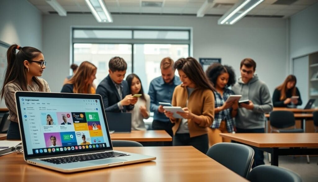 A modern, paperless classroom environment showcasing a vibrant workflow using Google Classroom. In the foreground, a laptop displays the Google Classroom interface with colorful interactive elements. In the middle ground, diverse students engaged in collaborative learning, dressed in smart casual attire, focused on tablets and digital devices. One student is discussing a project with peers, exuding enthusiasm and teamwork. The background features a sleek, well-lit classroom with large windows, allowing natural light to flood the space, and educational posters on the walls emphasizing digital learning. The atmosphere is dynamic and inspiring, illustrating the ease and efficiency of modern educational technology. Use a wide-angle lens to capture the full classroom scene, with soft, inviting lighting to enhance the positive mood.