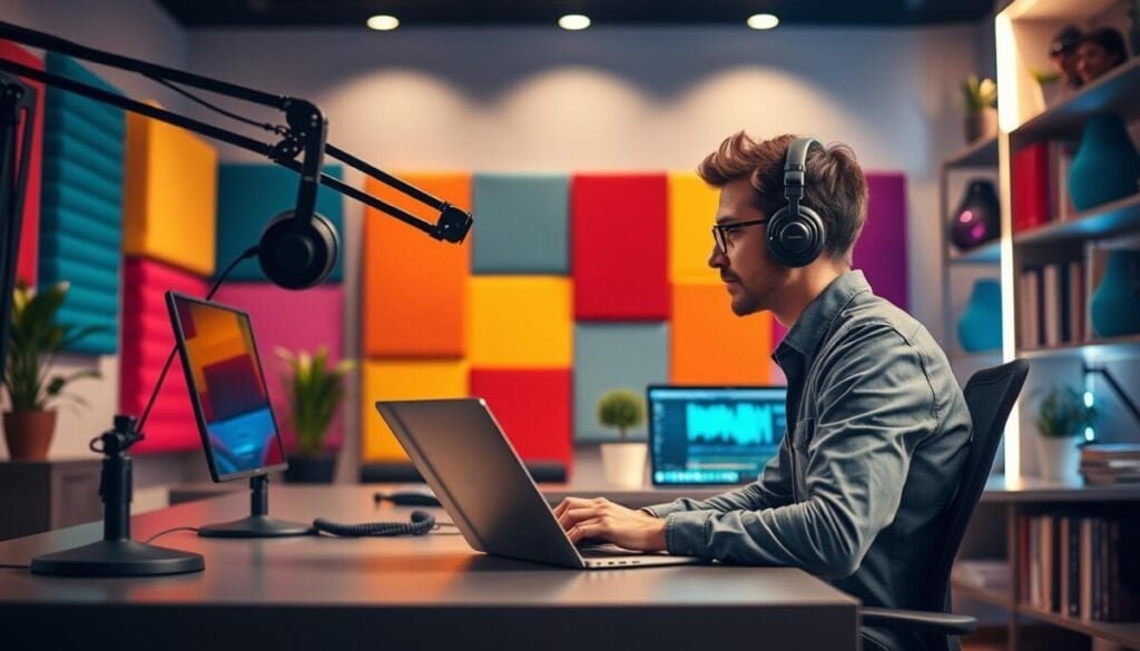 A modern podcast studio scene featuring a focused solo creator at a sleek desk, wearing smart casual attire. The foreground highlights a microphone on an adjustable arm, a pair of professional headphones, and a laptop displaying audio editing software, reflecting a creative workspace. In the middle ground, a well-lit background showcases colorful soundproofing panels, adding vibrancy. Soft, diffused lighting gives a warm atmosphere, enhancing the sense of professionalism and creativity. Include subtle design elements like potted plants and a bookshelf filled with books on media and technology to emphasize a personal touch. The angle should capture the creator's side profile, deep in concentration, creating an inspiring and relatable environment for aspiring podcasters. A modern podcast studio scene featuring a focused solo creator at a sleek desk, wearing smart casual attire. The foreground highlights a microphone on an adjustable arm, a pair of professional headphones, and a laptop displaying audio editing software, reflecting a creative workspace. In the middle ground, a well-lit background showcases colorful soundproofing panels, adding vibrancy. Soft, diffused lighting gives a warm atmosphere, enhancing the sense of professionalism and creativity. Include subtle design elements like potted plants and a bookshelf filled with books on media and technology to emphasize a personal touch. The angle should capture the creator's side profile, deep in concentration, creating an inspiring and relatable environment for aspiring podcasters.