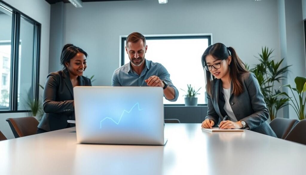 A modern, professional office environment showcasing a diverse group of three individuals collaborating around a sleek conference table. In the foreground, a laptop open with a digital outline visible on the screen, glows with a soft blue light. The individuals—a Black woman in smart attire, a Caucasian man in a button-up shirt, and an Asian woman in casual business wear—are engaged in discussion, pointing at the screen and jotting down ideas on notepads. In the middle background, a large window floods the room with natural light, casting gentle shadows and brightening the space. The atmosphere is energetic yet focused, with minimalist decor and plants adding a touch of vibrancy, emphasizing innovation and teamwork.