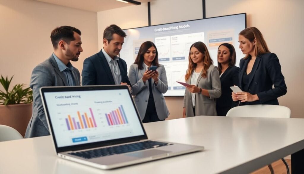 A modern, professional office setting with a sleek, minimalist desk in the foreground, displaying an open laptop with an attractive digital pricing chart. In the middle ground, a diverse group of business professionals in business attire analyze the data, showcasing expressions of curiosity and collaboration. A large digital display in the background shows a visualization of credit-based pricing models, with graphs and user-friendly interfaces. Soft, ambient lighting illuminates the scene, creating a warm yet focused atmosphere. The camera angle is slightly elevated, capturing the engaged interactions of the team while emphasizing the technology that enables their marketing strategies. The overall mood conveys innovation and teamwork in a digital marketing context.