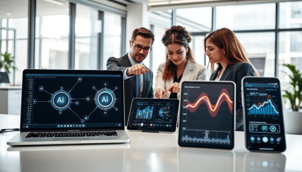 A modern, professional workspace illustrating the "three-platform rule focused integration" concept. In the foreground, three distinct digital devices are displayed: a laptop, a tablet, and a smartphone, each showing interconnected graphs and AI tools represented as glowing lines. The middle ground features a diverse group of three professionals in smart business attire, collaborating around a sleek table, pointing at the devices while engaged in focused discussion. The background consists of a bright, open office space with large windows, allowing natural light to flood in, casting soft shadows. The scene should convey a mood of innovation and collaboration, emphasizing efficient use of technology for productivity enhancements. Capture the image using a slightly elevated angle to provide a comprehensive view of the interaction and technology integration.