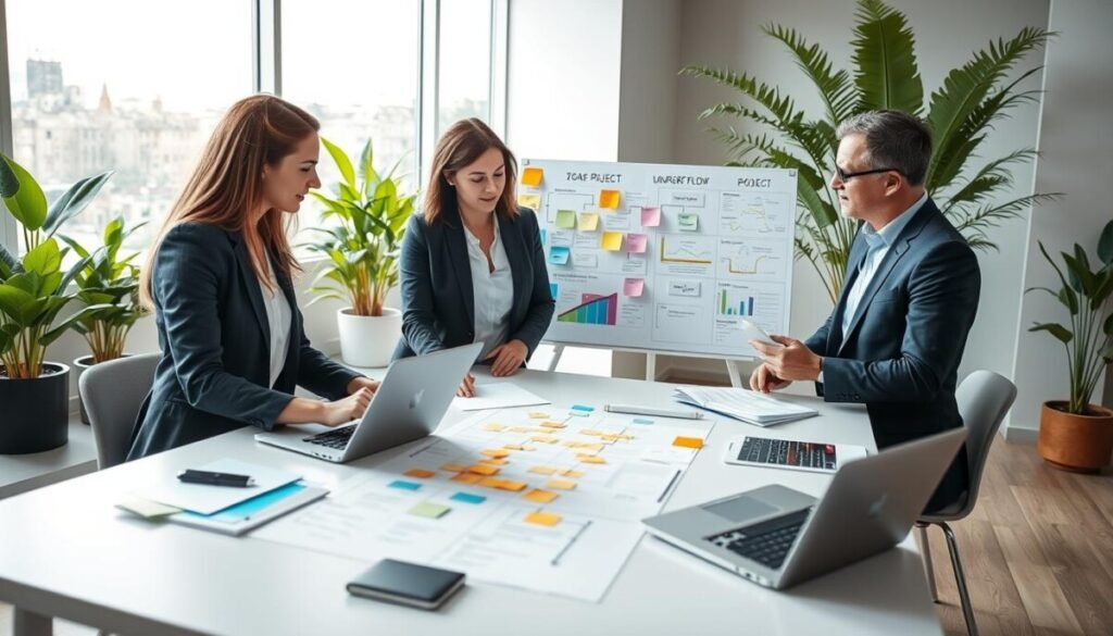 A modern project management workflow diagram in a bright, well-lit office environment. In the foreground, a diverse group of three professionals—two women and one man—are collaborating around a large table covered with laptops, documents, and a colorful project timeline chart. Each person is dressed in smart business attire, focused on discussing tasks. The middle of the scene features a large whiteboard filled with sticky notes and flowcharts illustrating the workflow steps, showing clear progress and deadlines. The background includes lush potted plants and a large window allowing natural light to flood in, creating a productive and motivating atmosphere. The mood is collaborative and energetic, emphasizing innovation and teamwork in advanced project management. The perspective is slightly elevated, giving a comprehensive view of the workflow dynamics without any text or logos.