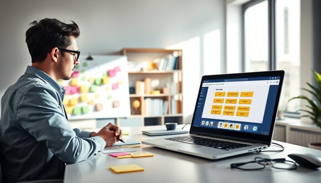 A modern quiz maker workspace, showcasing a sleek office setting with a minimalist desk featuring a high-tech laptop displaying a vibrant quiz creation interface. In the foreground, a professional individual in smart casual attire is deeply focused on developing an interactive quiz, surrounded by colorful sticky notes and a brainstorming whiteboard filled with creative ideas. In the middle background, a shelf filled with books on assessment strategies and educational psychology. Soft, natural lighting enters through a large window, casting gentle shadows and creating a bright, inviting atmosphere. The overall mood is one of creativity and professionalism, emphasizing the themes of advanced privacy and customization in quiz creation.