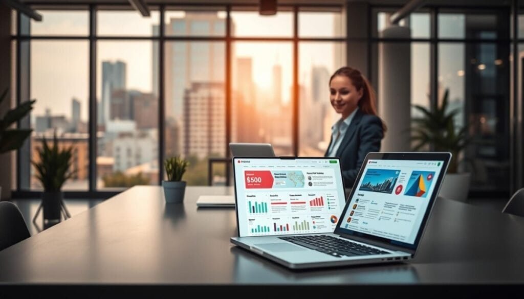 A modern real estate office environment, showcasing a sleek desk in the foreground with a laptop displaying a vibrant email marketing dashboard, color-coded charts, and automated newsletter templates. In the middle, a professional real estate agent in business attire, typing on the laptop, exuding confidence and focus, with a small indoor plant beside them for a touch of greenery. In the background, large windows reveal a bustling cityscape, flooded with warm natural light, adding a bright and inviting atmosphere to the scene. Use a shallow depth of field to emphasize the agent and the laptop, creating a modern, optimistic ambiance that reflects professionalism and innovation in email marketing for real estate. A modern real estate office environment, showcasing a sleek desk in the foreground with a laptop displaying a vibrant email marketing dashboard, color-coded charts, and automated newsletter templates. In the middle, a professional real estate agent in business attire, typing on the laptop, exuding confidence and focus, with a small indoor plant beside them for a touch of greenery. In the background, large windows reveal a bustling cityscape, flooded with warm natural light, adding a bright and inviting atmosphere to the scene. Use a shallow depth of field to emphasize the agent and the laptop, creating a modern, optimistic ambiance that reflects professionalism and innovation in email marketing for real estate.