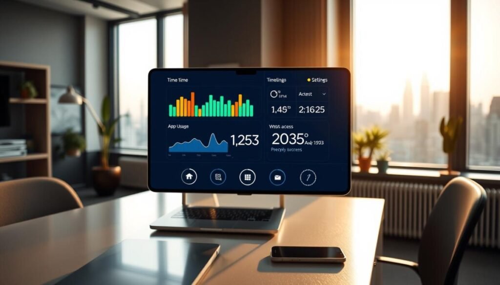 A modern screen time widget displayed prominently in a stylish, tech-themed office environment. In the foreground, the widget shows colorful graphs and timer settings, emphasizing app usage stats and website access limits. The middle layer features a sleek laptop and smartphone on a minimalistic desk, surrounded by a soft glow indicating focus and productivity. In the background, a large window offers a cityscape view under warm, natural daylight, creating an inviting atmosphere. The image conveys a sense of balance between work and personal life, with a subtle hint of greenery from potted plants. The overall mood is harmonious and motivating, suggesting a productive yet serene workspace. A modern screen time widget displayed prominently in a stylish, tech-themed office environment. In the foreground, the widget shows colorful graphs and timer settings, emphasizing app usage stats and website access limits. The middle layer features a sleek laptop and smartphone on a minimalistic desk, surrounded by a soft glow indicating focus and productivity. In the background, a large window offers a cityscape view under warm, natural daylight, creating an inviting atmosphere. The image conveys a sense of balance between work and personal life, with a subtle hint of greenery from potted plants. The overall mood is harmonious and motivating, suggesting a productive yet serene workspace.