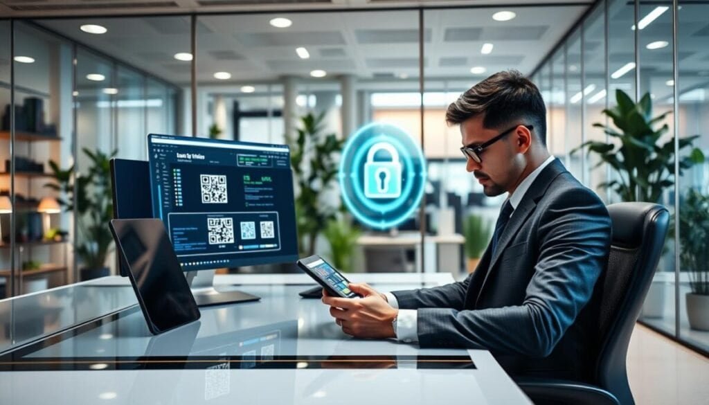 A modern, secure digital environment focusing on the theme of security. In the foreground, a professional individual in business attire sitting at a sleek, futuristic desk, analyzing QR codes on a high-tech tablet. The middle ground features a computer screen displaying security software, alongside a glowing virtual lock symbol, representing data protection. In the background, a glass-walled office, filled with greenery and tech gadgets, conveys a serene yet high-tech atmosphere. Soft, diffused lighting casts a warm glow, highlighting the importance of security in digital transactions. Angle the scene slightly from above for a dynamic perspective, ensuring the focus remains on the individual and their secure digital workspace, symbolizing trust and safety in managing digital assets.
