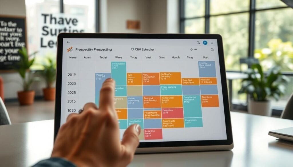 A modern, sleek HubSpot CRM calendar displayed on a digital device, showcasing a vibrant, organized prospecting schedule filled with time blocks for dedicated prospecting sessions. In the foreground, there's a close-up view of a hand interacting with the calendar, fingers tapping on a time slot. The middle layer features a well-lit office environment with stylish office furniture, potted plants, and motivational quotes subtly visible in a muted background. The background shows an outdoor scene through a large window, suggesting a bright, sunny day with greenery. The atmosphere is productive and professional, evoking a sense of focus and dedication. Soft, natural lighting enhances the scene, with a shallow depth of field to keep the emphasis on the calendar.